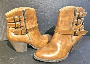 Jellypop Brown Ankle Bootie Zip Triple Buckle Straps Round Toe 9M REBA